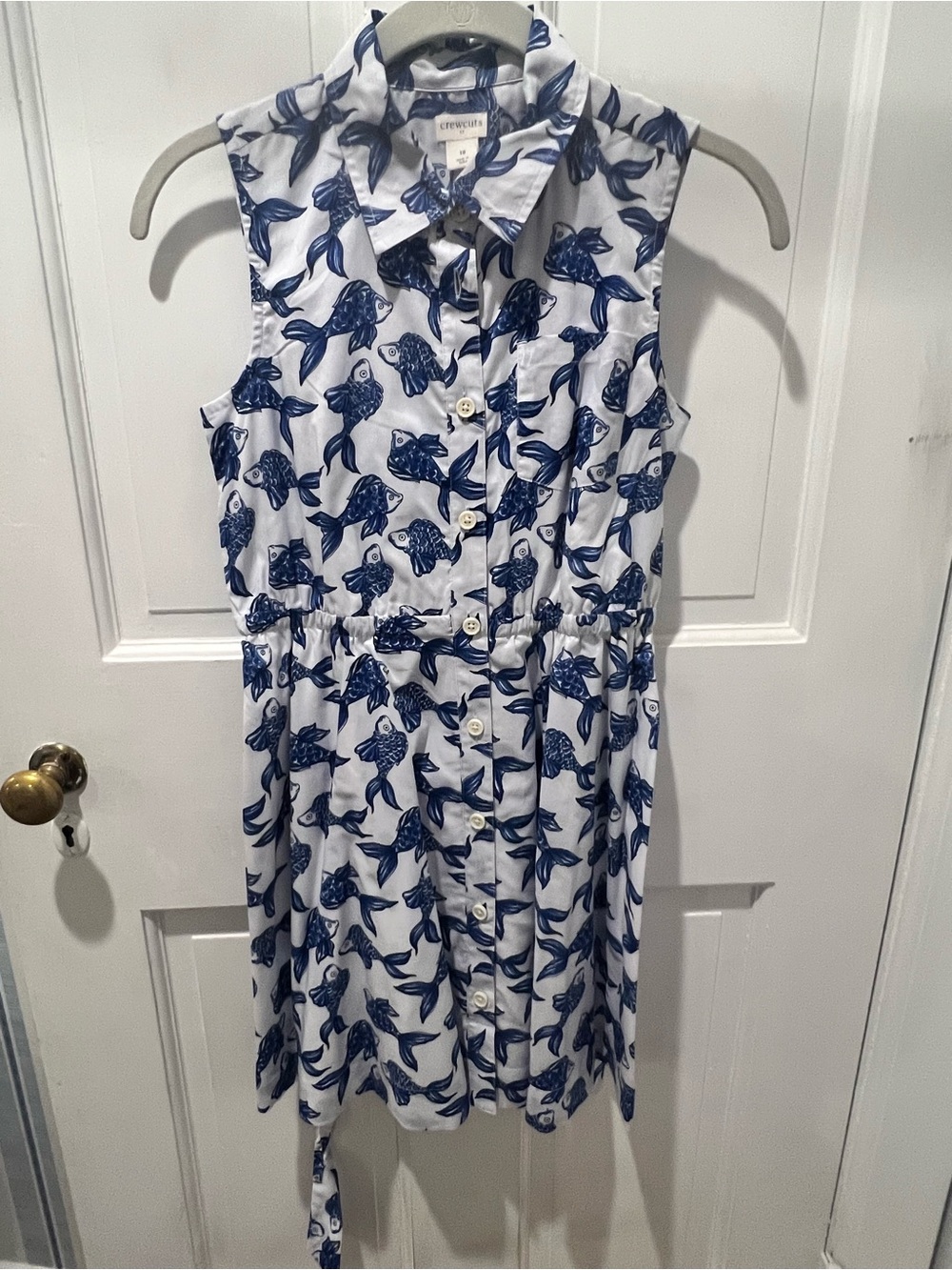 Crewcuts White Sleeveless Button-Front Dress with Navy Fish Print